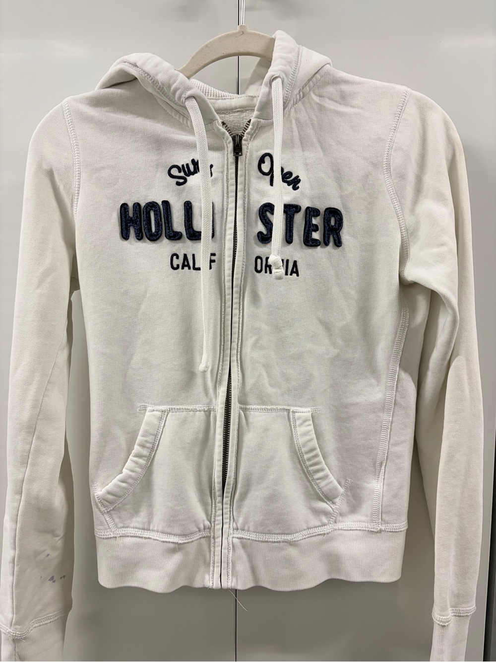 Hollister White Zip Hoodie with Navy Embroidered Logo